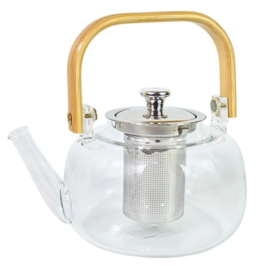 Tetera de vidrio con infusor y asa de madera 1000 ml