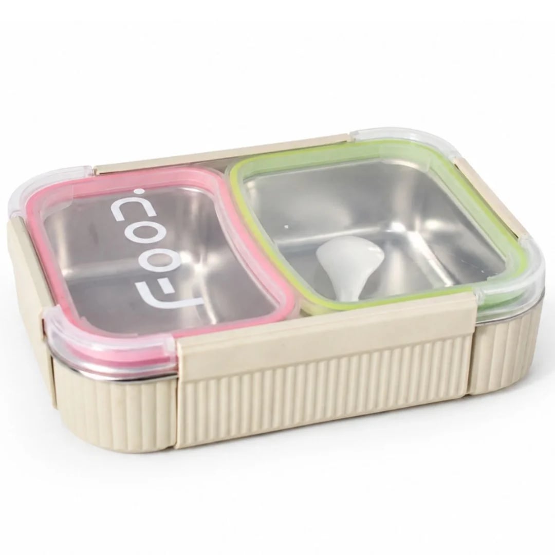 Lonchera de acero de 2 compartimentos crema con cuchara