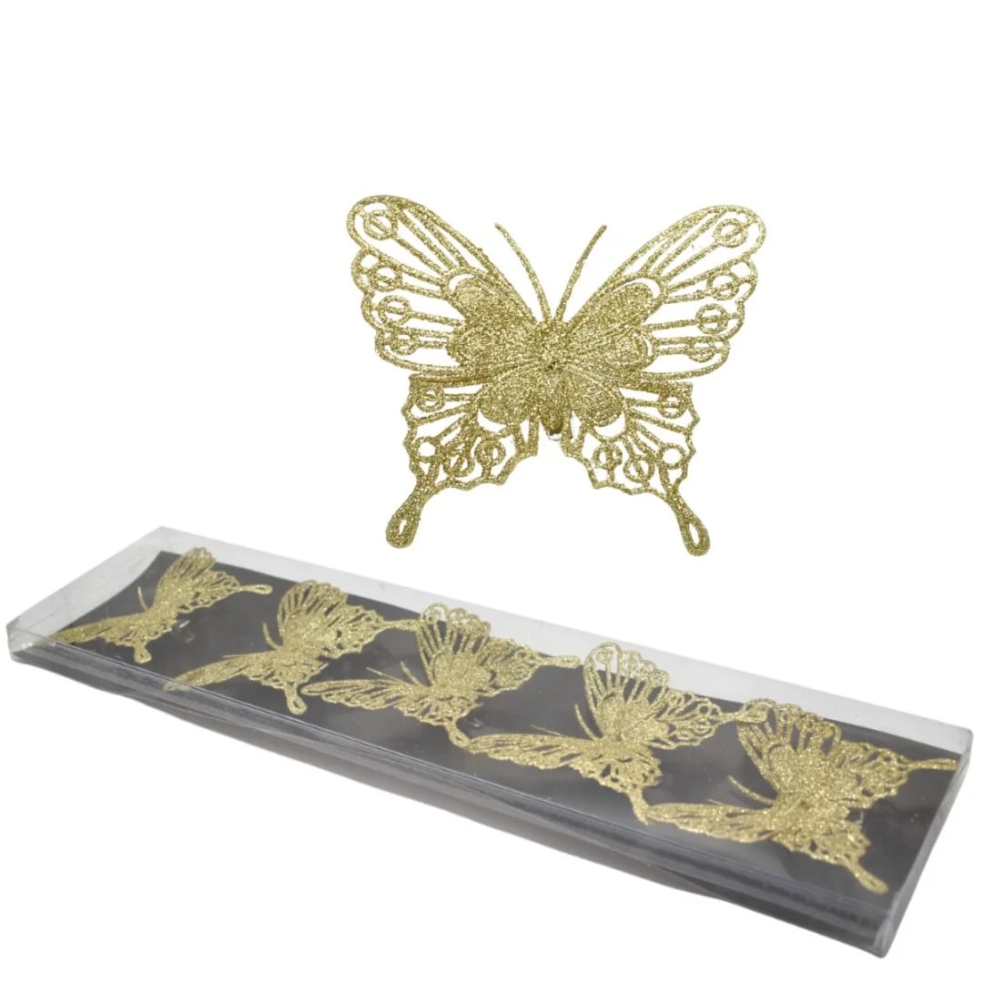 Mariposa navideña dorada con clip 8 cm — Pack x 5