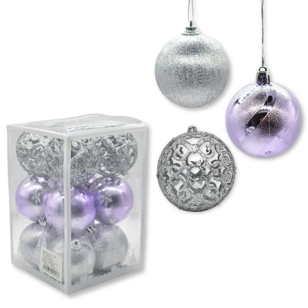 Bolas de Navidad lila y plateado 6 cm — Pack x 12
