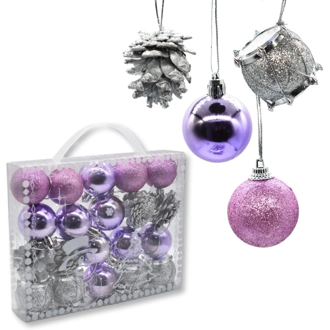 Bolas y adornos de Navidad lila y plateado 4 cm — Pack x 20
