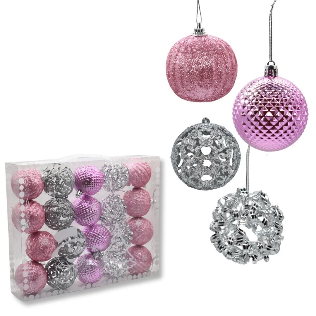 Bolas de Navidad rosa y plateado 6 cm — Pack x 20