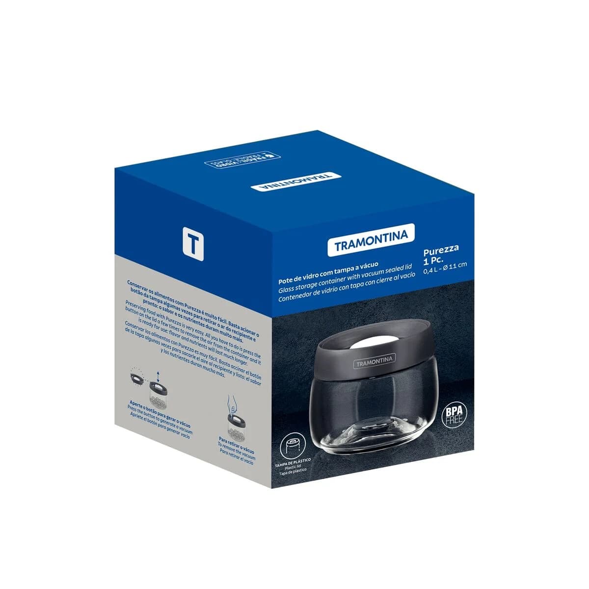 Frasco hermético de vidrio con tapa al vacío Tramontina Purezza 400 ml — imagen 2 de 9