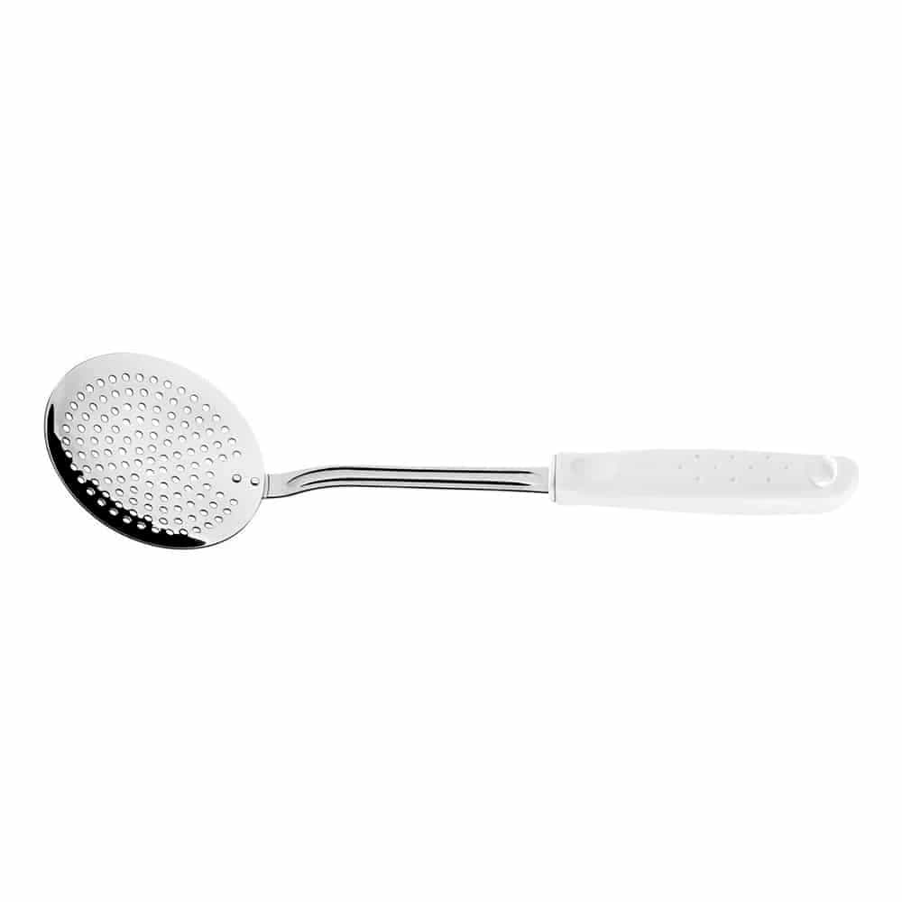Espumadera Tramontina Utilità de acero inoxidable 33.6 cm con mango blanco