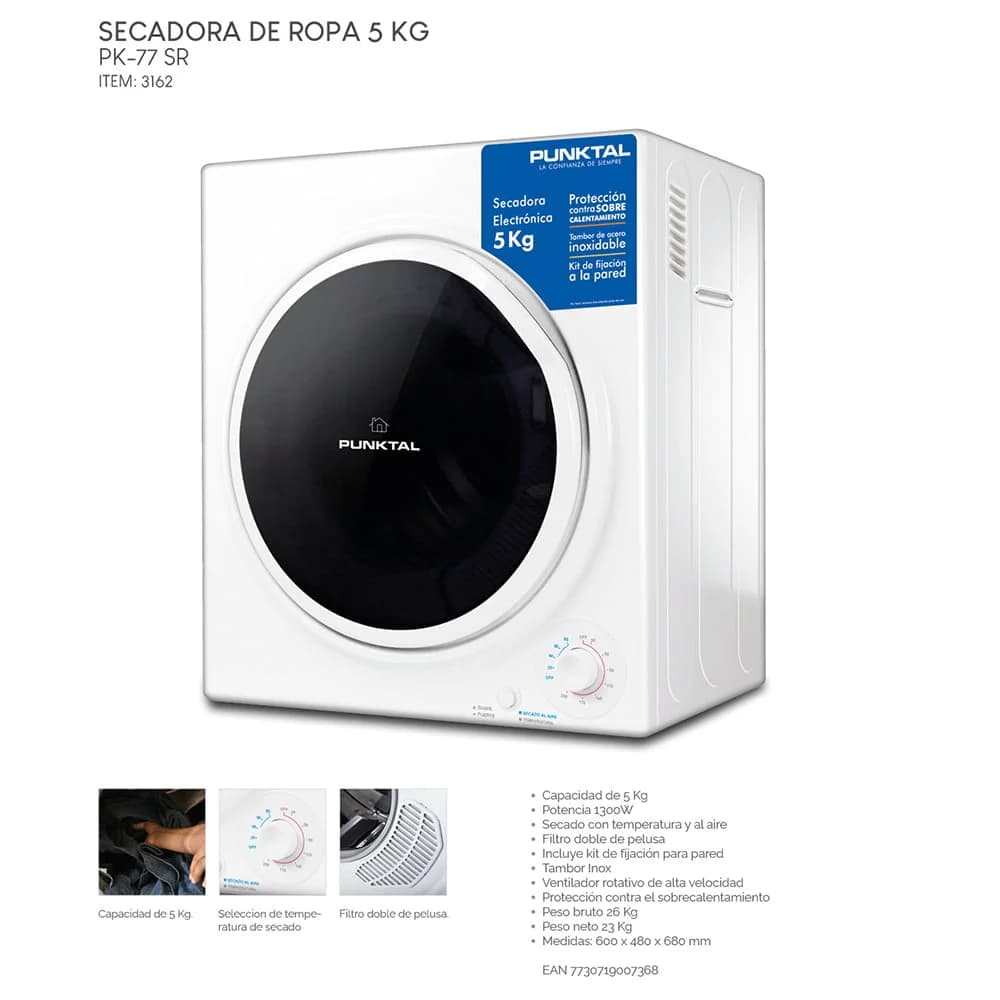 Secarropa Punktal 5 Kg PK-77 SR 1300w 4 Niveles — imagen 2 de 2
