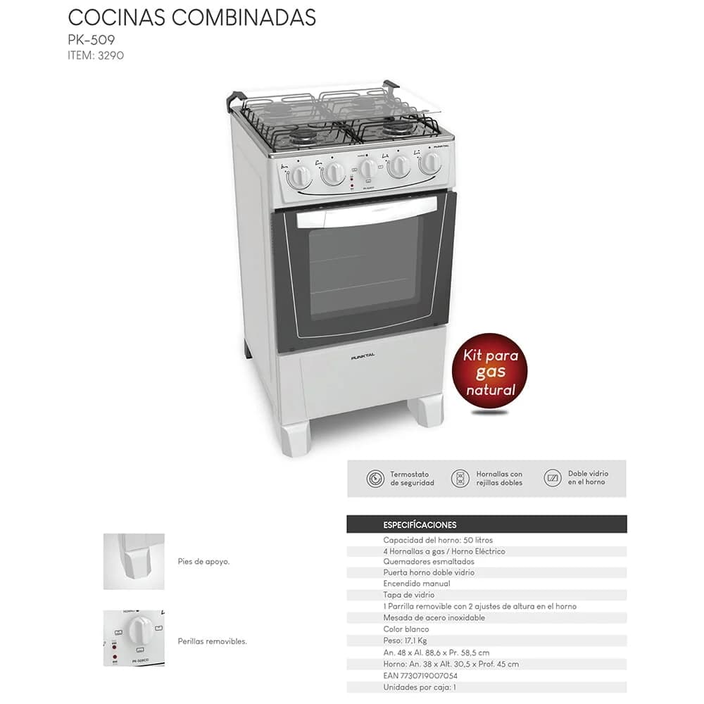 Cocina Punktal Pk-509 4 Hornallas Electrico Combinada 50 Lts — miniatura 2