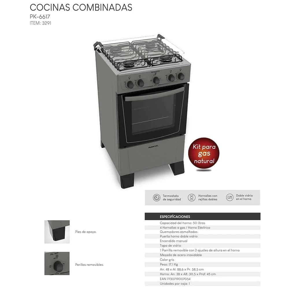 Cocina Punktal Pk-6617 4 Hornallas Electrico Combinada 50 Lt — miniatura 2