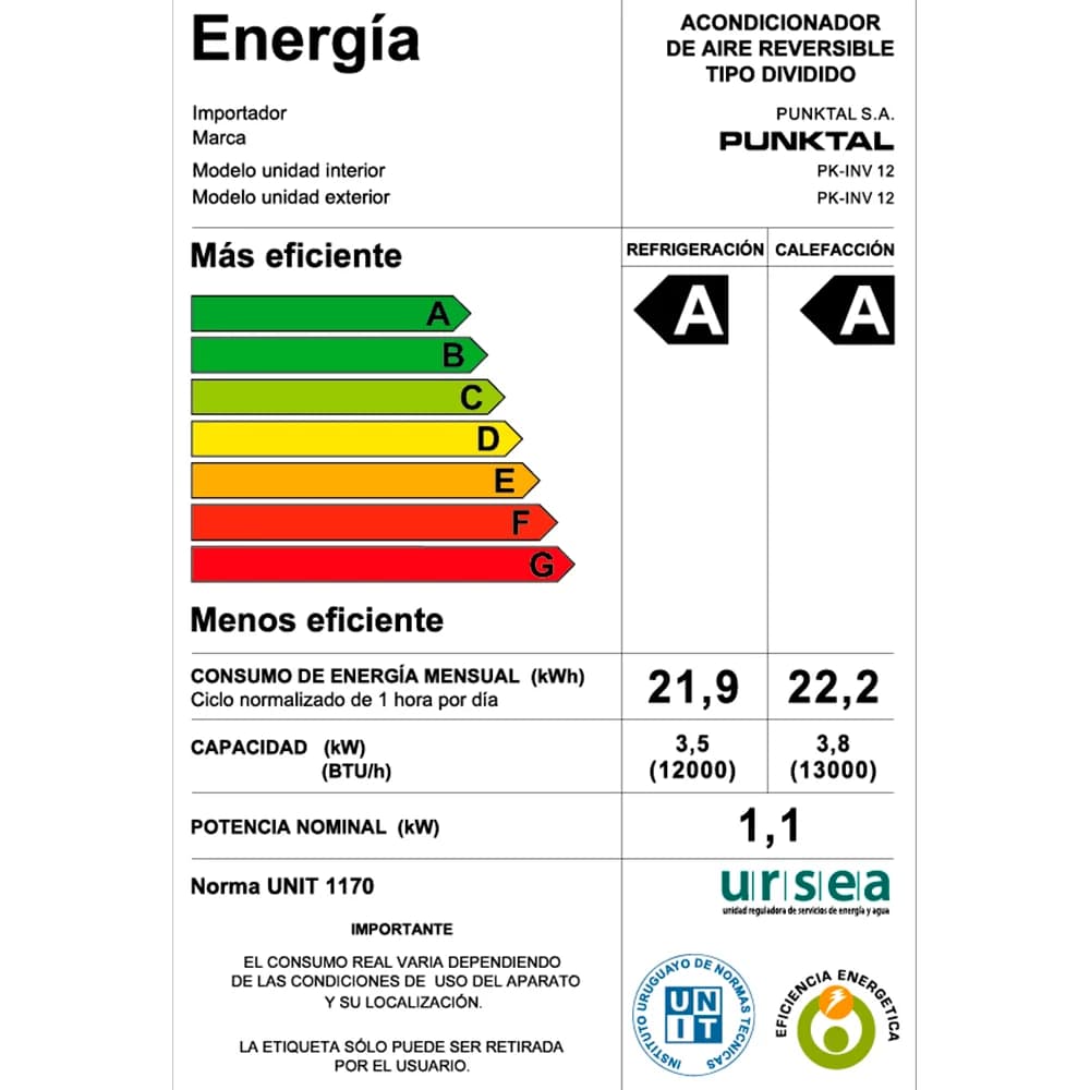 Aire Acondicionado Punktal Split Inverter 12000 Btu Pkinv 12 — miniatura 2