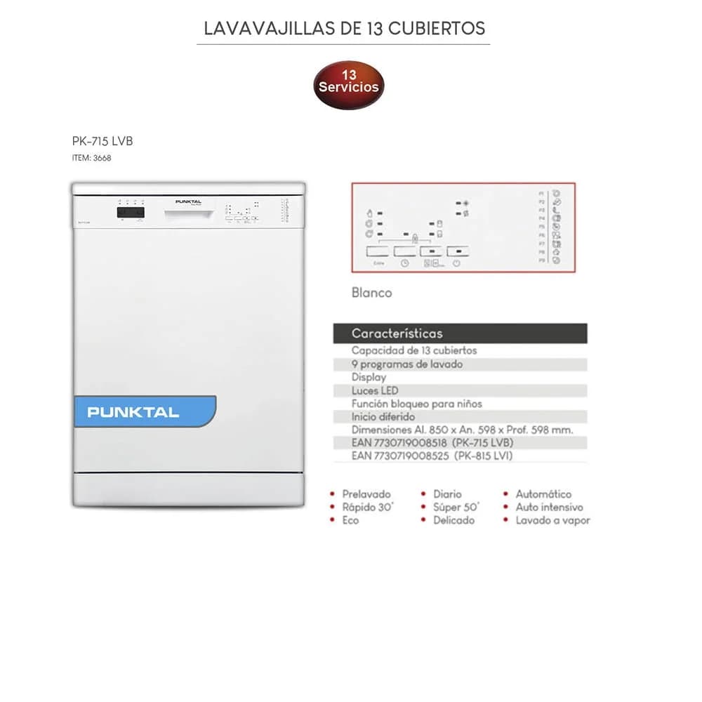 Lavavajilla Punktal 13 Servicios 9 Programas Control Digital — miniatura 2