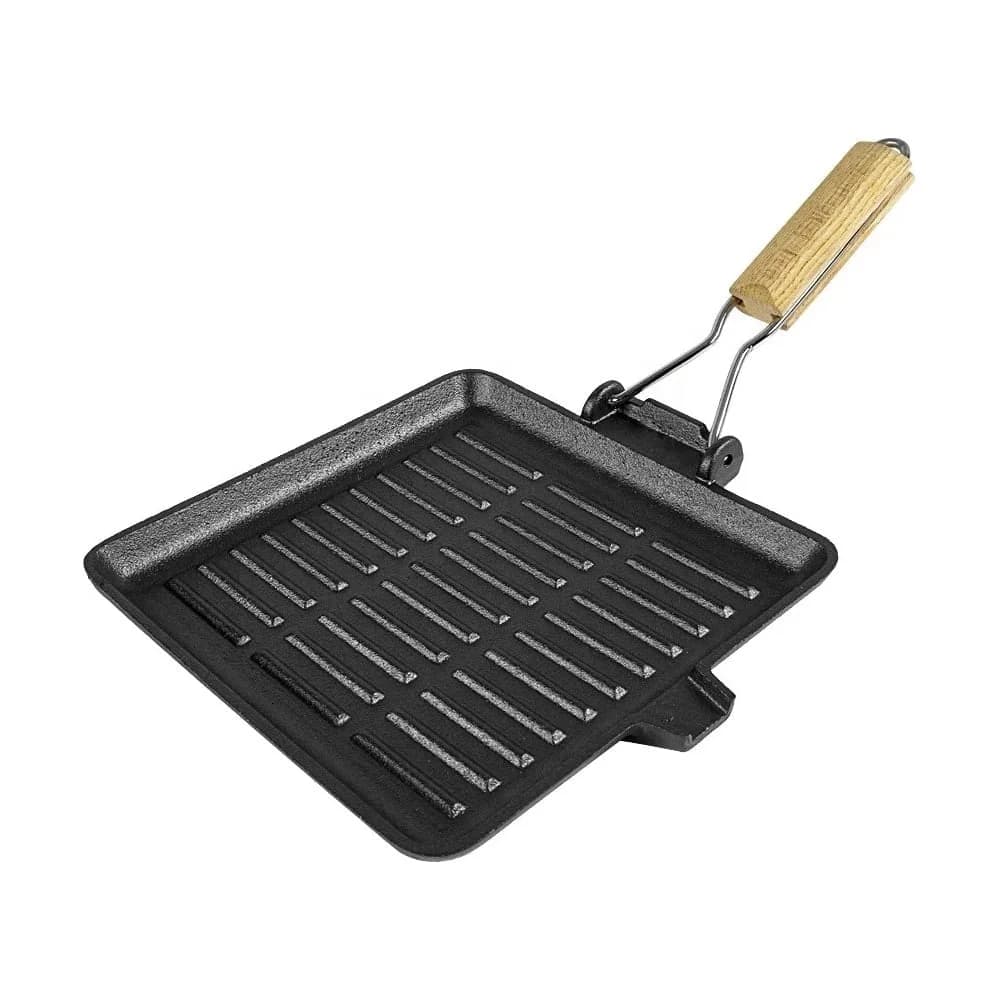 Pancha Grill Bifera Cuadrada Hierro Con Mango Madera 24 Cm — imagen 1 de 4