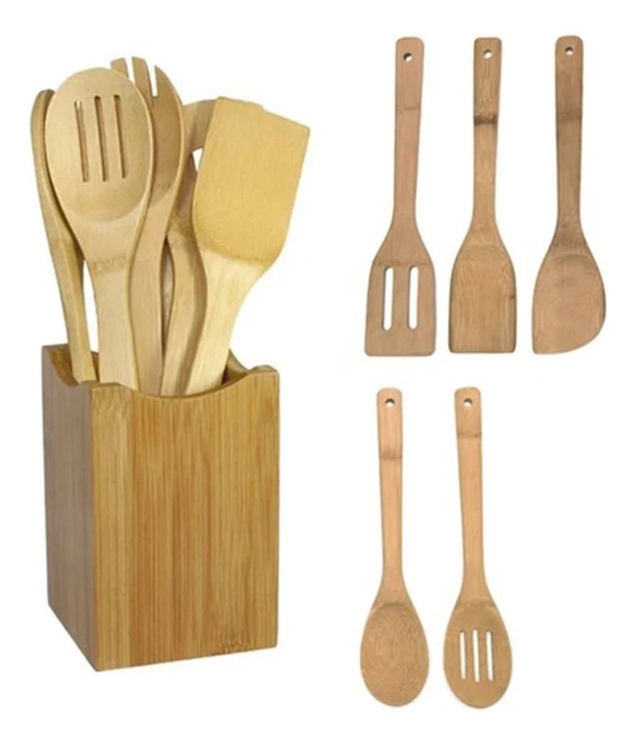 Juego De Menage Bambu Madera Espatula 6 Piezas Con Base — imagen 1 de 3