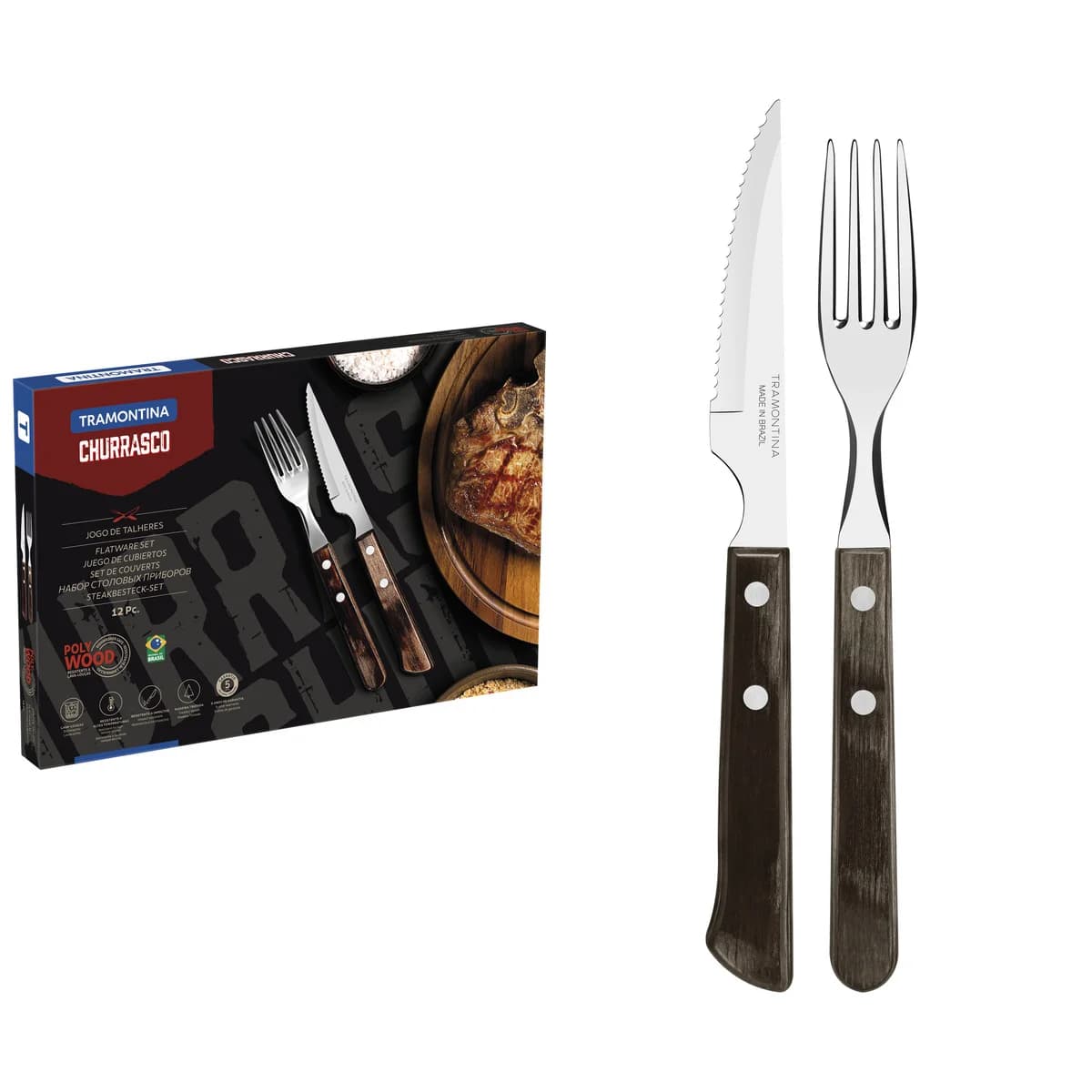 Juego De Cubiertos Tramontina Polywood Asado Madera 12 Pz — miniatura 2