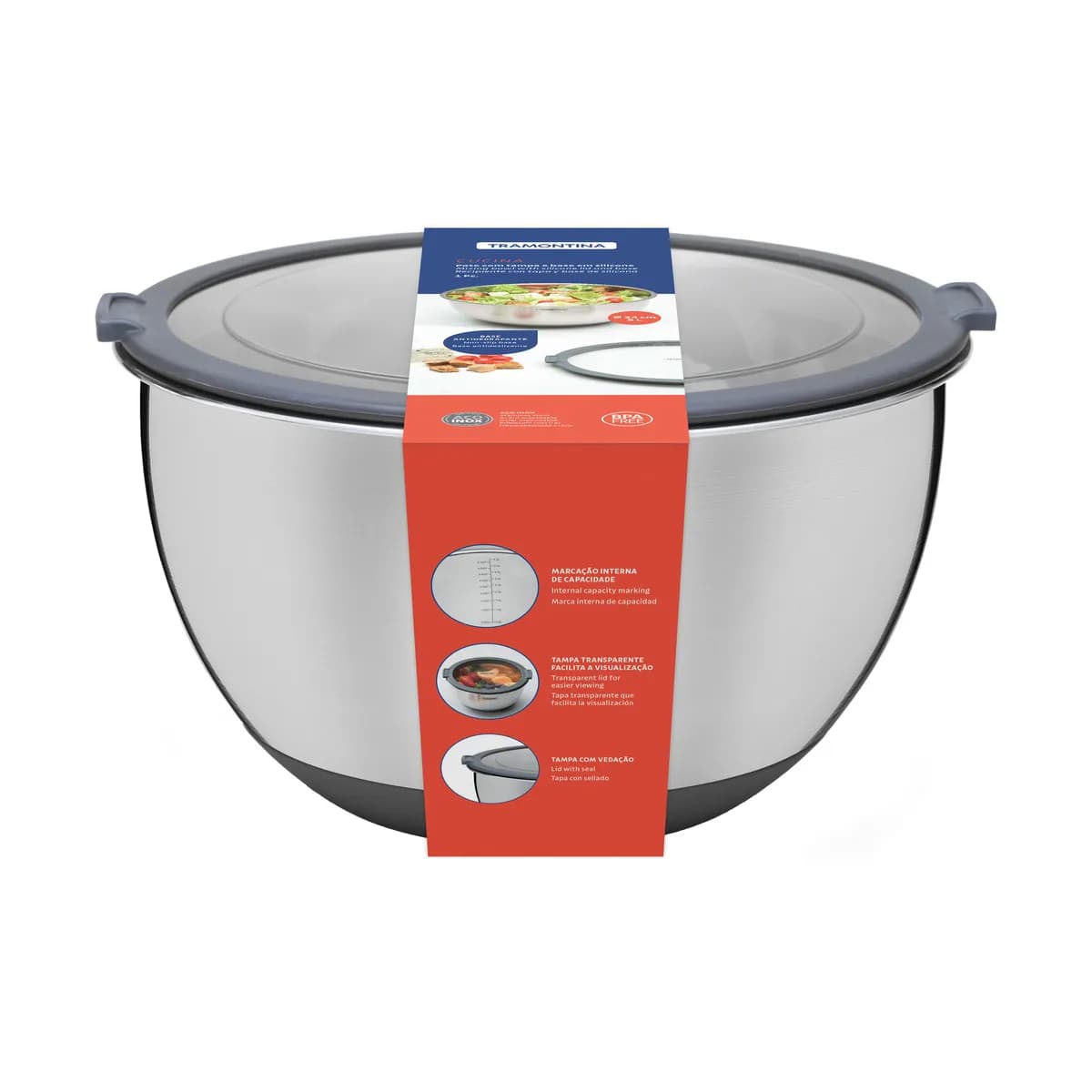 Bowl De Acero Inoxidable Con Tapa Tramontina 3000 Ml — miniatura 2