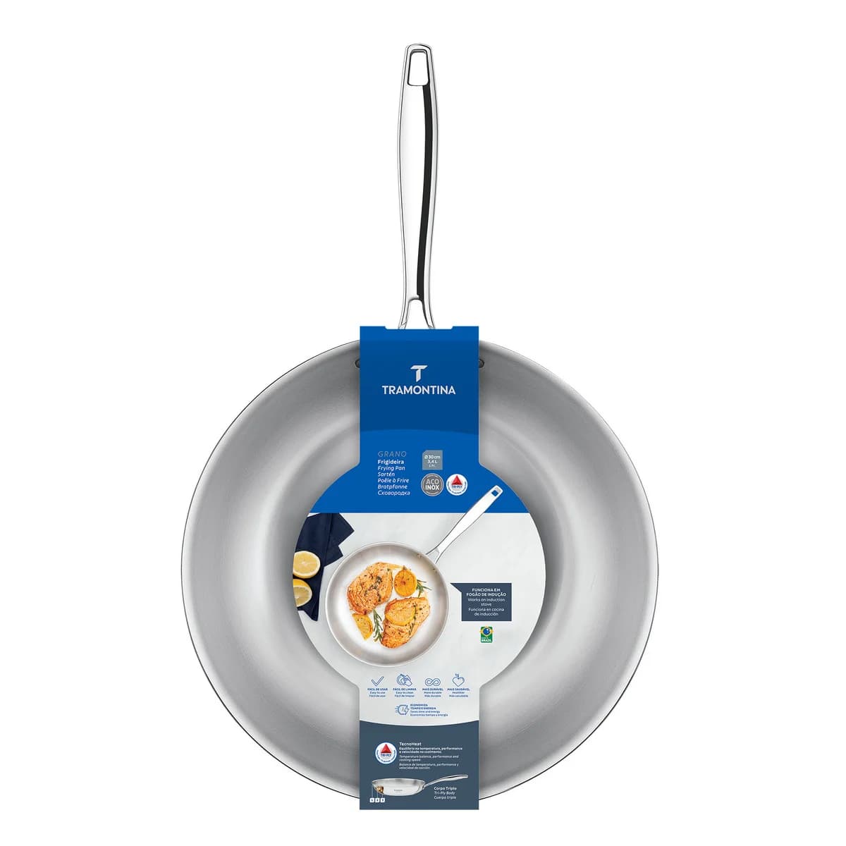 Sartén Tramontina Grano Triple Fondo 30 cm 3,4 L Acero Inoxidable — Apta Inducción — imagen 2 de 8
