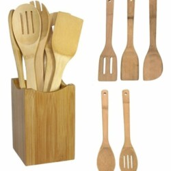 Juego De Menage Bambu Madera Espatula 6 Piezas Con Base