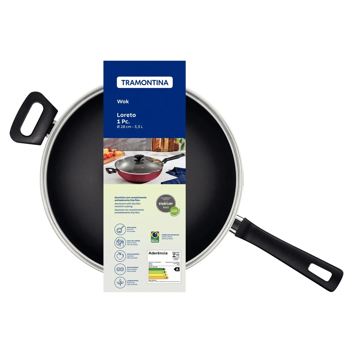 Wok Tramontina Teflon Antiadherente Loreto 28 Cm Con Tapa - Imagen 2